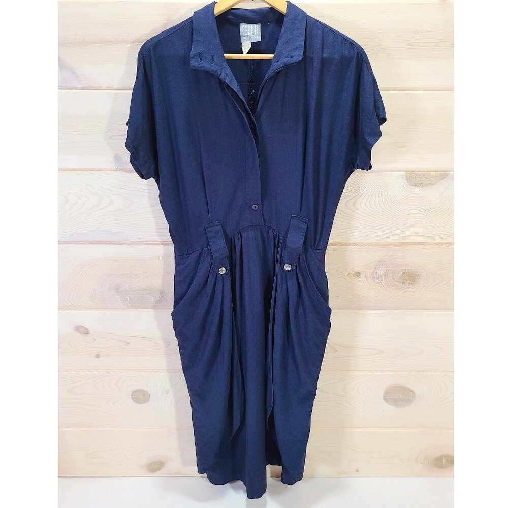 Rabbit Designs Womens 10 P Navy Dress Short Sleeve Draped Vintage Made in USA